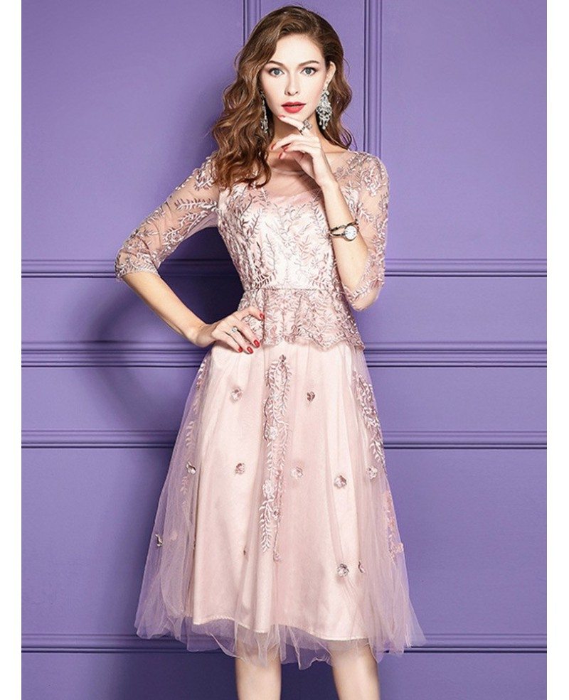 Pink Lace Knee Length Formal Dress For Wedding Guests With Sleeves ZL8035 GemGrace