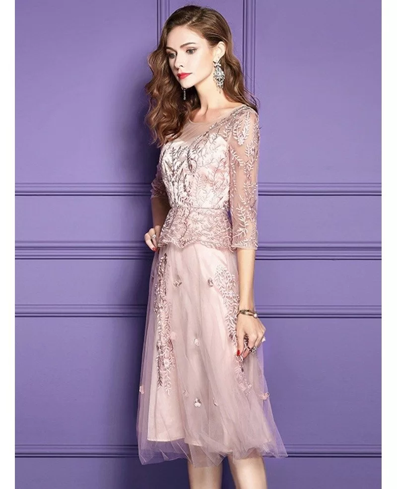 Pink Lace Knee Length Formal Dress For Wedding Guests With Sleeves ZL8035 GemGrace