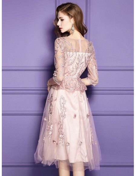 Pink Lace Knee Length Formal Dress For Wedding Guests With Sleeves