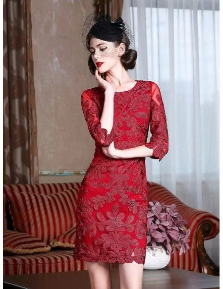 Classy Burgundy Cocktail Dress For Weddings Women Over 40,50 With Sleeves