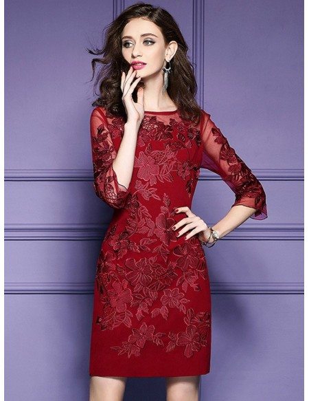 Burgundy Half Sleeve Petie Dress For Weddings With Embroidery #ZL8037 ...