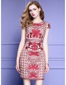 Unique Embroidery Pattern Bodycon Wedding Guest Dress With Cap Sleeves