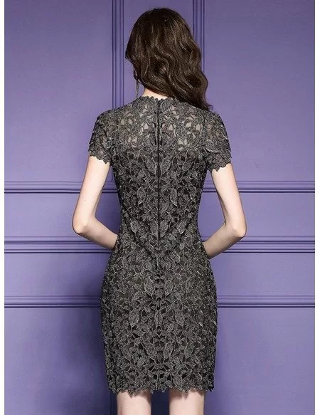 Luxury Lace Sheath Cocktail Dress High Neck With Cap Sleeves