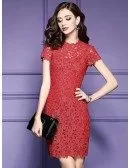 Luxury Lace Sheath Cocktail Dress High Neck With Cap Sleeves
