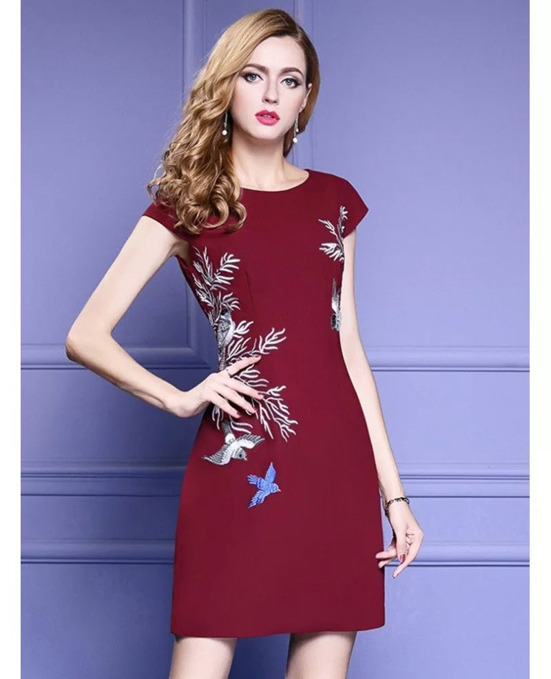 Cap Sleeve Short Bodycon Dress With Embroidery #ZL8041 - GemGrace.com