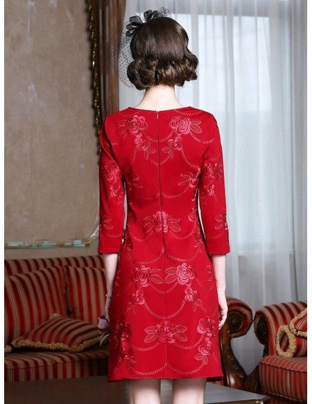 Elegant Burgundy Sheath Short Party Dress With Sleeves Embroidery