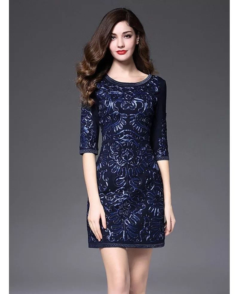 Short Fitted Wedding Guest Dress Navy Blue With Sleeves
