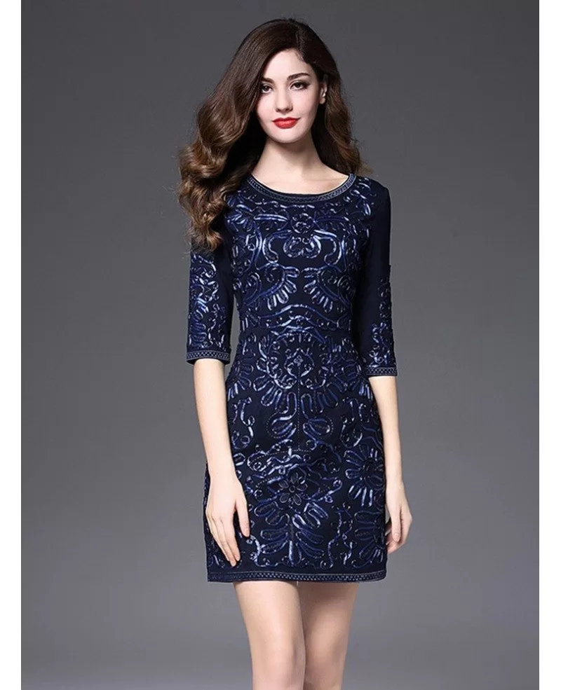 Short Fitted Wedding Guest Dress Navy Blue With Sleeves Luxury Embroidery ZL8043 GemGrace