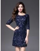 Short Fitted Wedding Guest Dress Navy Blue With Sleeves Luxury Embroidery