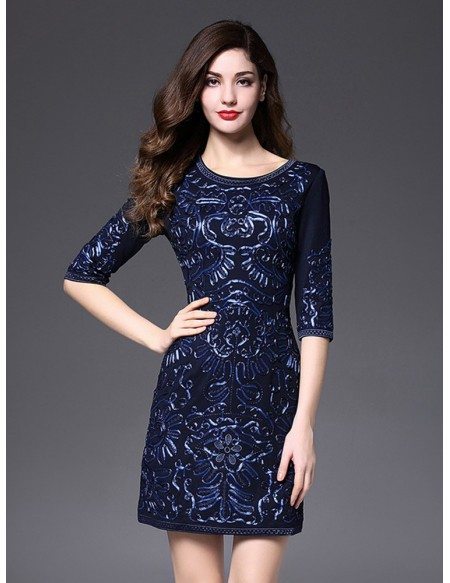 Short Fitted Wedding Guest Dress Navy Blue With Sleeves Luxury ...