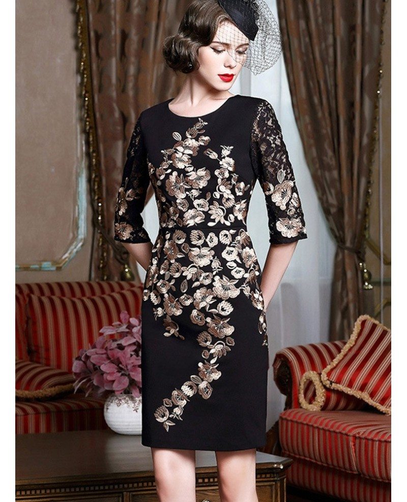 Black With Gold Classy Cocktail Dress For Women Over 40 50 Wedding Guests ZL8046 GemGrace