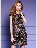 Black Embroidered Floral Bodycon Dress For Wedding Guest With Cap Sleeves