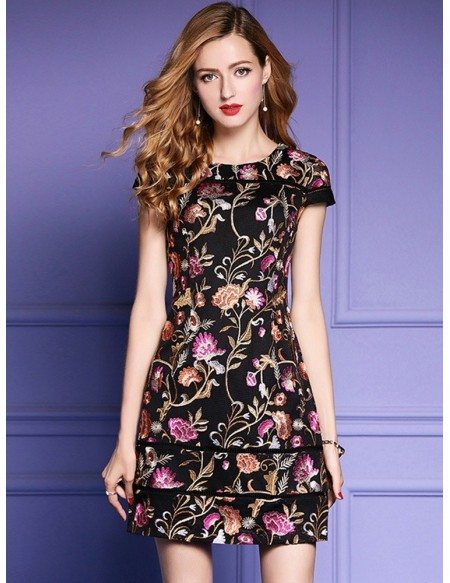 Black Embroidered Floral Bodycon Dress For Wedding Guest With Cap ...