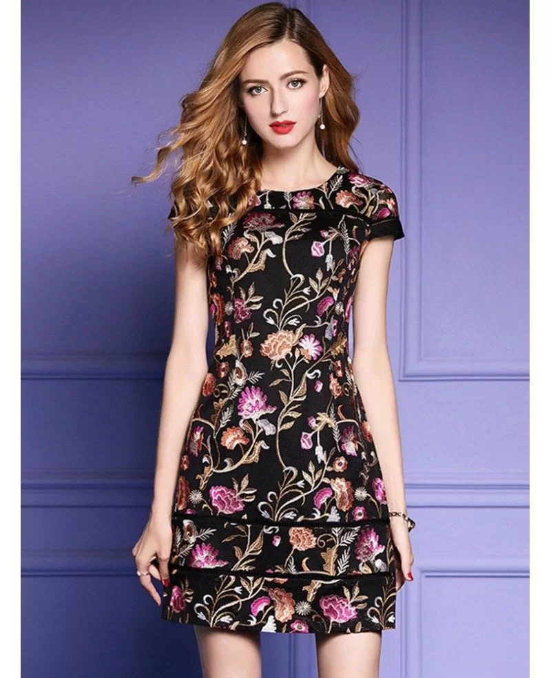 Black Embroidered Floral Bodycon Dress For Wedding Guest With Cap Sleeves ZL8048 GemGrace