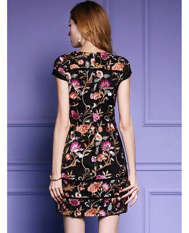 Black Embroidered Floral Bodycon Dress For Wedding Guest With Cap 