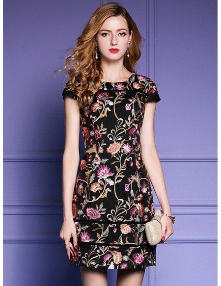 Black Embroidered Floral Bodycon Dress For Wedding Guest With Cap Sleeves