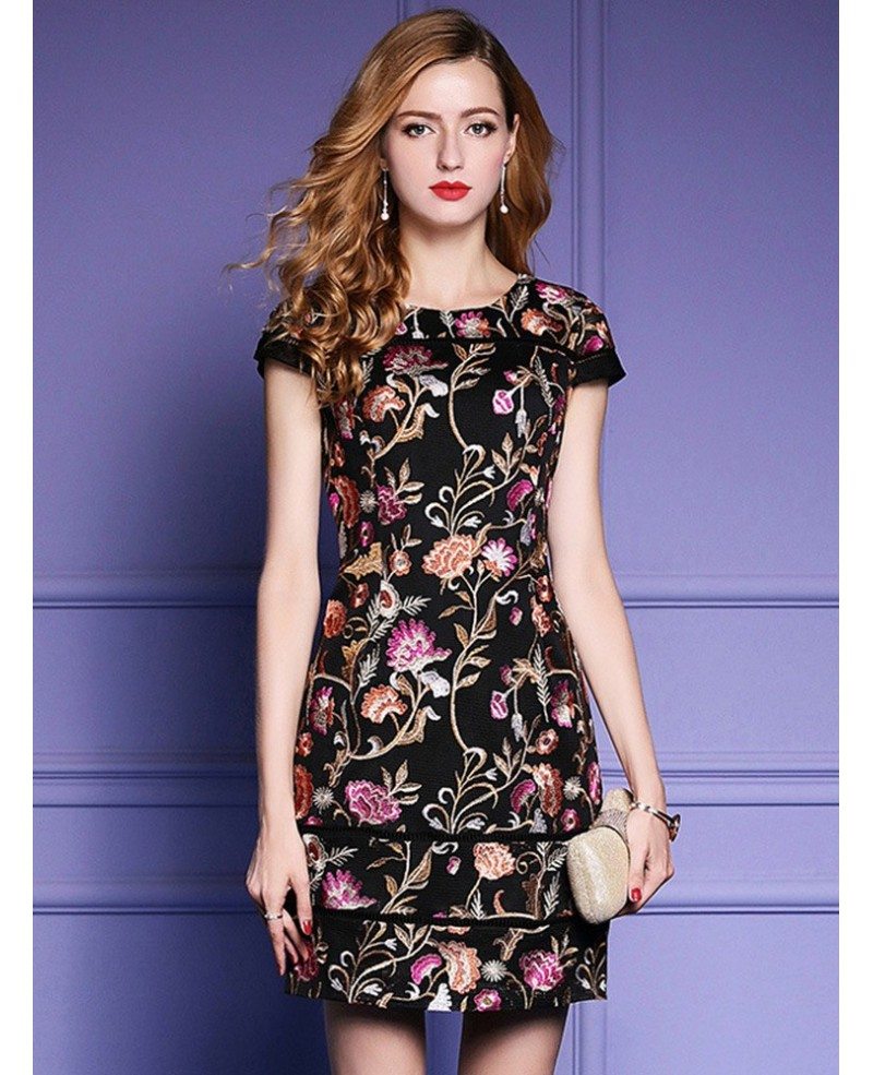 Black Embroidered Floral Bodycon Dress For Wedding Guest With Cap ...