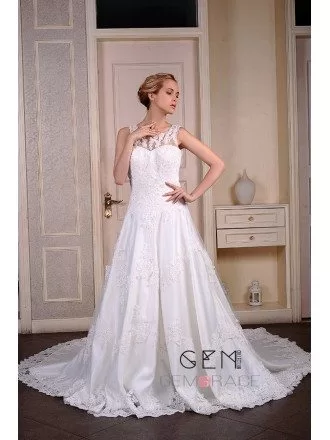 Ball-Gown Scoop Neck Cathedral Train Satin Tulle Wedding Dress With Beading Appliquer Lace