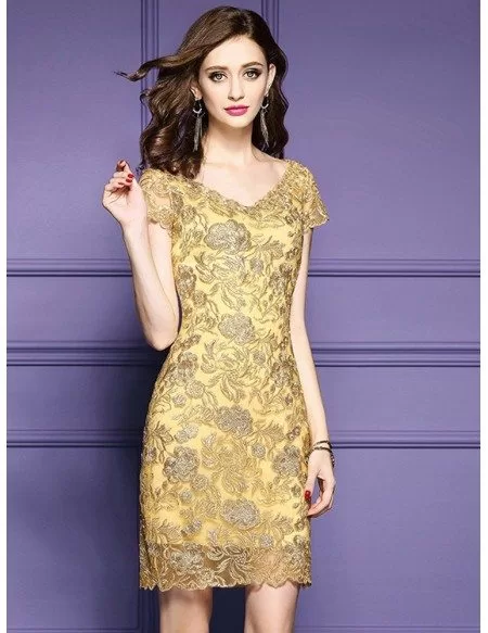 Luxury Gold Embroidery Sheath Party Dress For Wedding Guest Unique ...