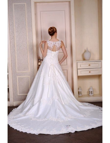 Ball-Gown Scoop Neck Cathedral Train Satin Tulle Wedding Dress With Beading Appliquer Lace