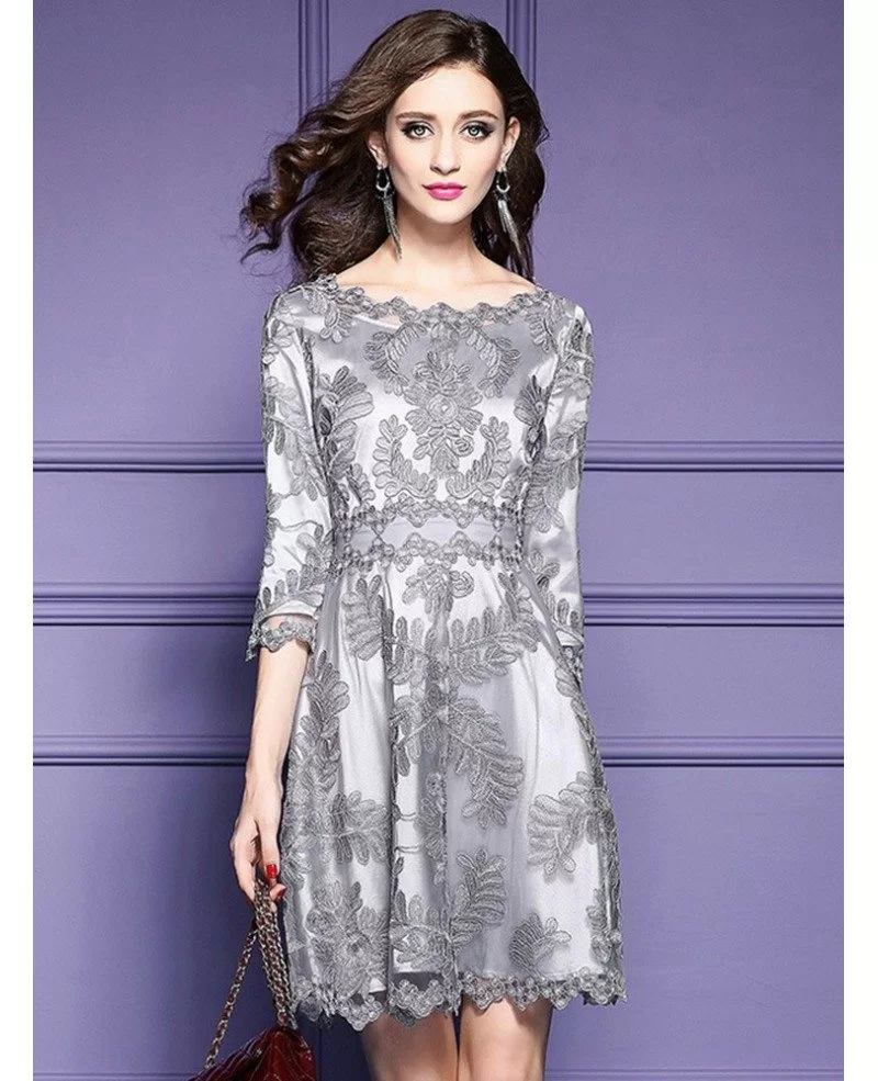 Elegant Silver Embroidery A Line Short Dress For Weddings With Sleeves ...
