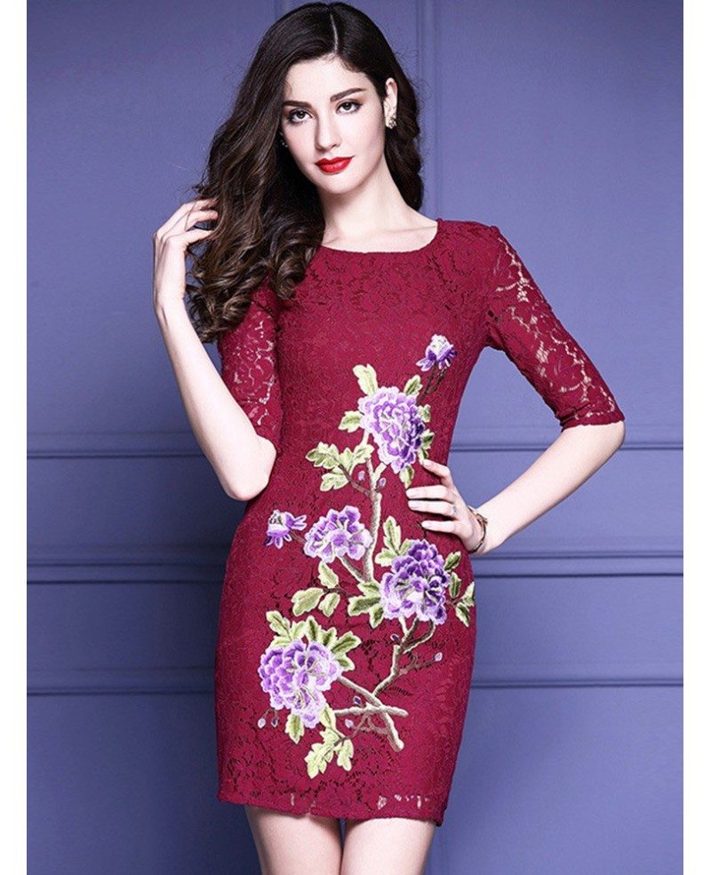 Half Lace Sleeve Bodycon Dress Wedding Guests With Embroidered Flowers ...