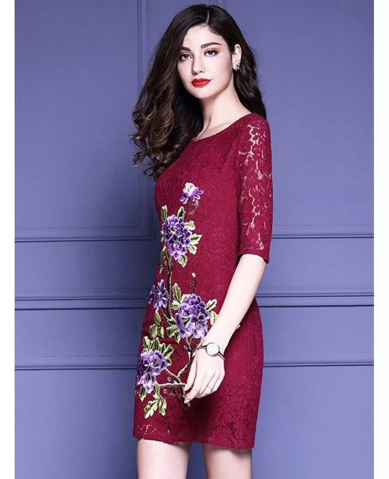 Half Lace Sleeve Bodycon Dress Wedding Guests With Embroidered Flowers ...