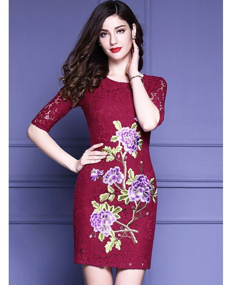 Half Lace Sleeve Bodycon Dress Wedding Guests With Embroidered Flowers