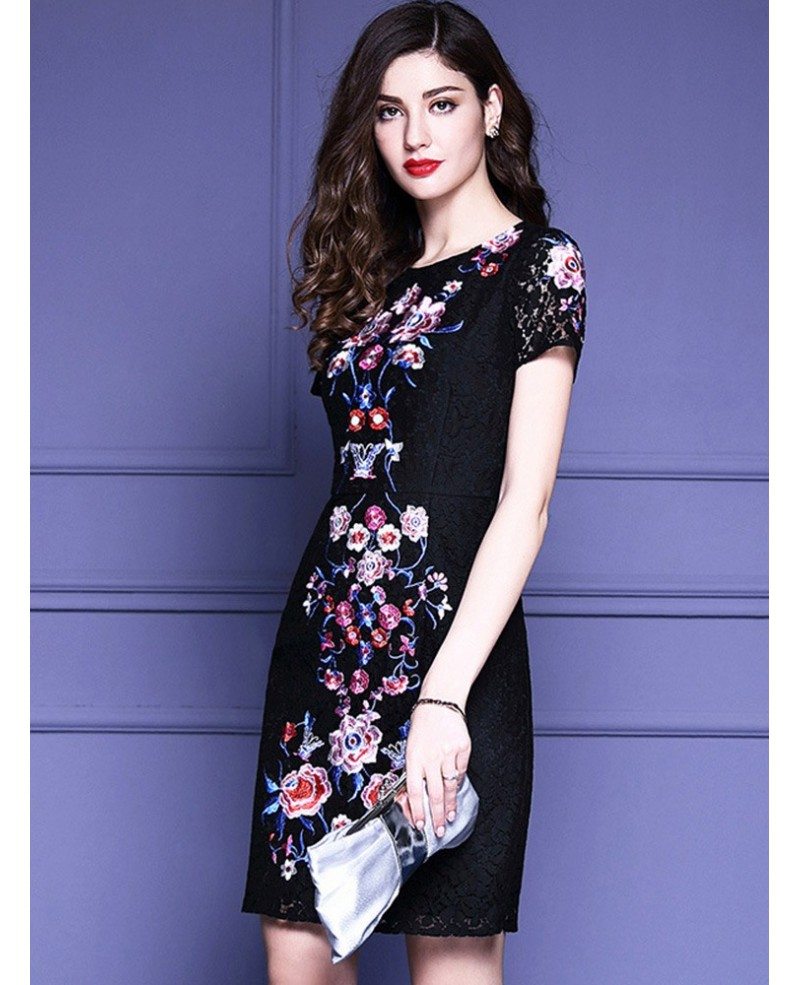 Chic Black Lace Bodycon Dress With Flowers For Wedding Parties ZL8073