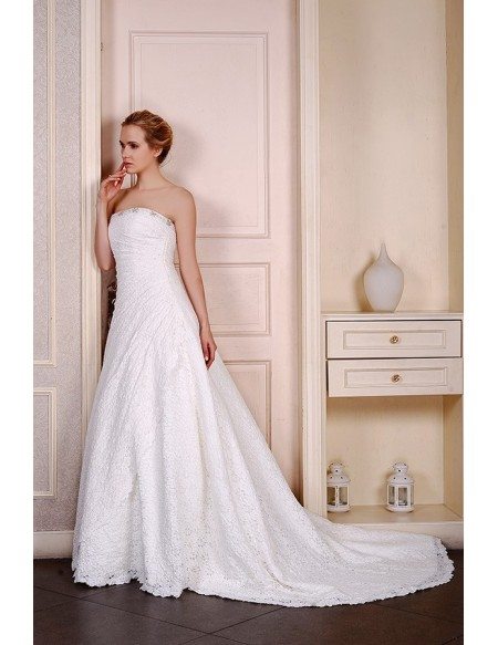Ball-Gown Strapless chapel Train Lace Wedding Dress With Beading Pleated