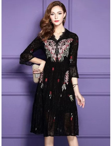 Classy Black Knee Length Lace Wedding Guest Dress For Fall With Sleeves ...