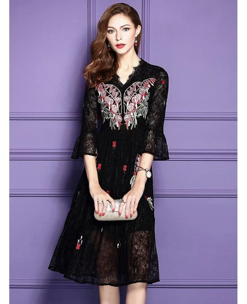 Classy Black Knee Length Lace Wedding Guest Dress For Fall With Sleeves ...