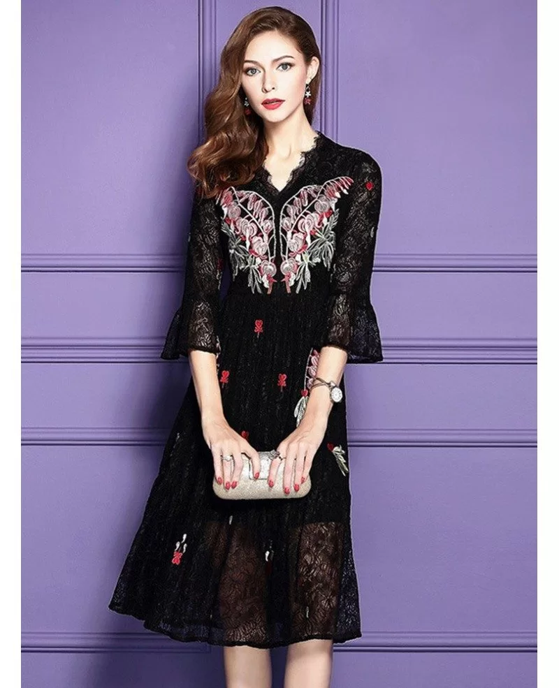 Classy Black Knee Length Lace Wedding Guest Dress For Fall With Sleeves