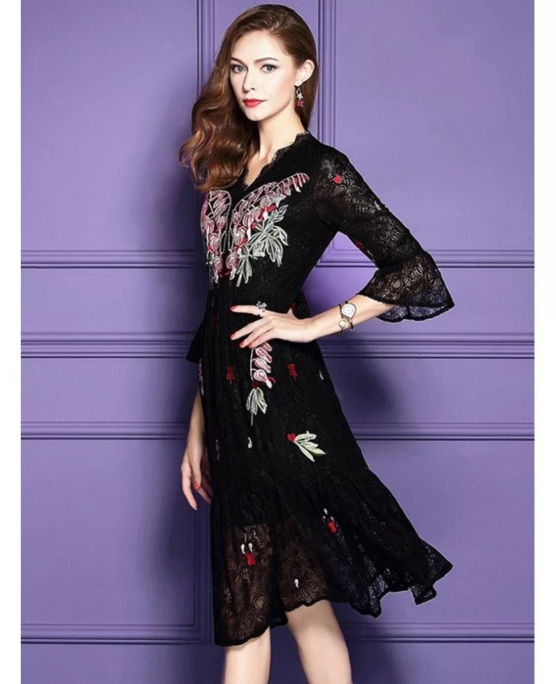 Classy Black Knee Length Lace Wedding Guest Dress For Fall With Sleeves #ZL8077 - GemGrace.com