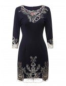 Navy Blue Fitted High-end Cocktail Party Dress For Wedding Guest With Embroidery