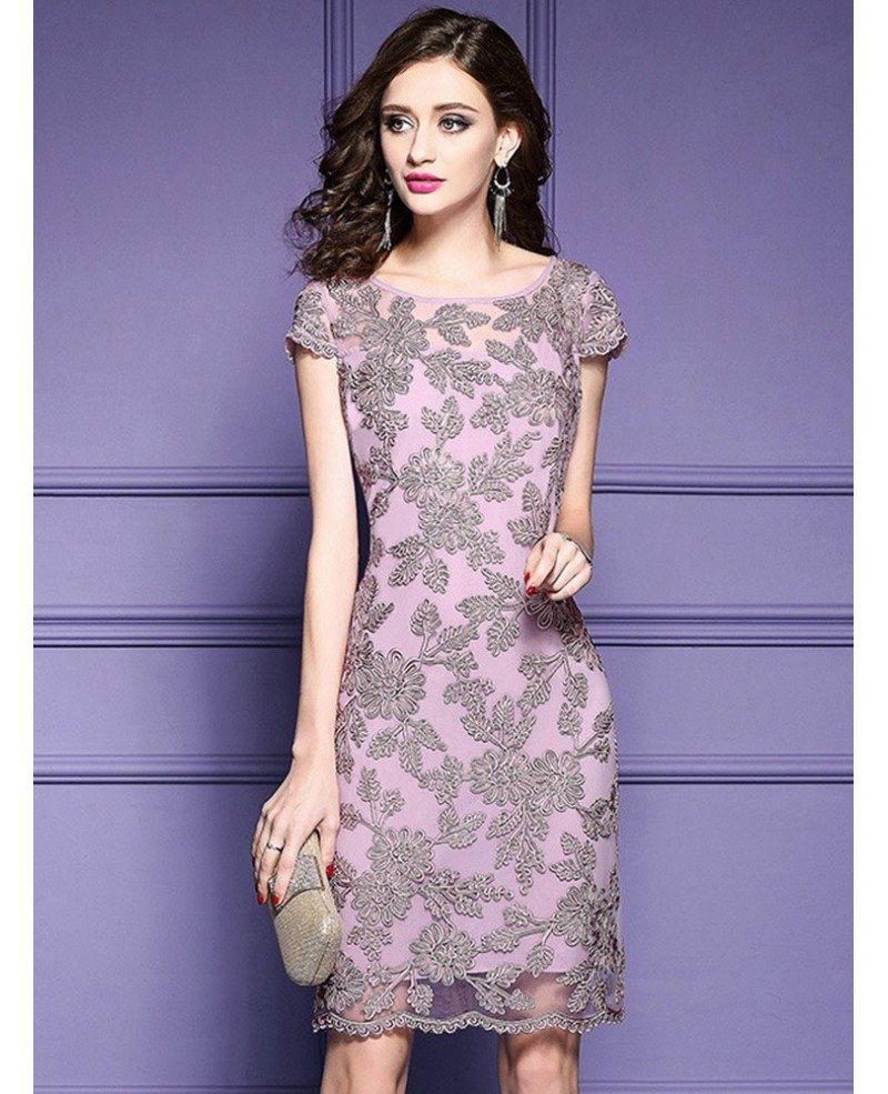 High end Pink Embroidered Cocktail Dress With Cap Sleeves Wedding Guest ZL8085 GemGrace