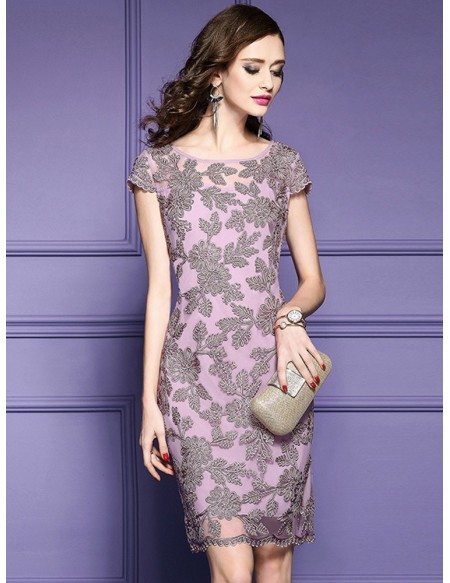 High-end Pink Embroidered Cocktail Dress With Cap Sleeves Wedding Guest