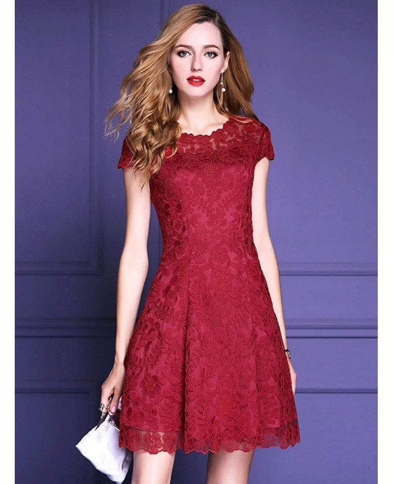 Burgundy A Line High-end Lace Party Wedding Guest Dress With Sleeves # ...