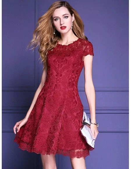 Burgundy A Line High-end Lace Party Wedding Guest Dress With Sleeves # ...