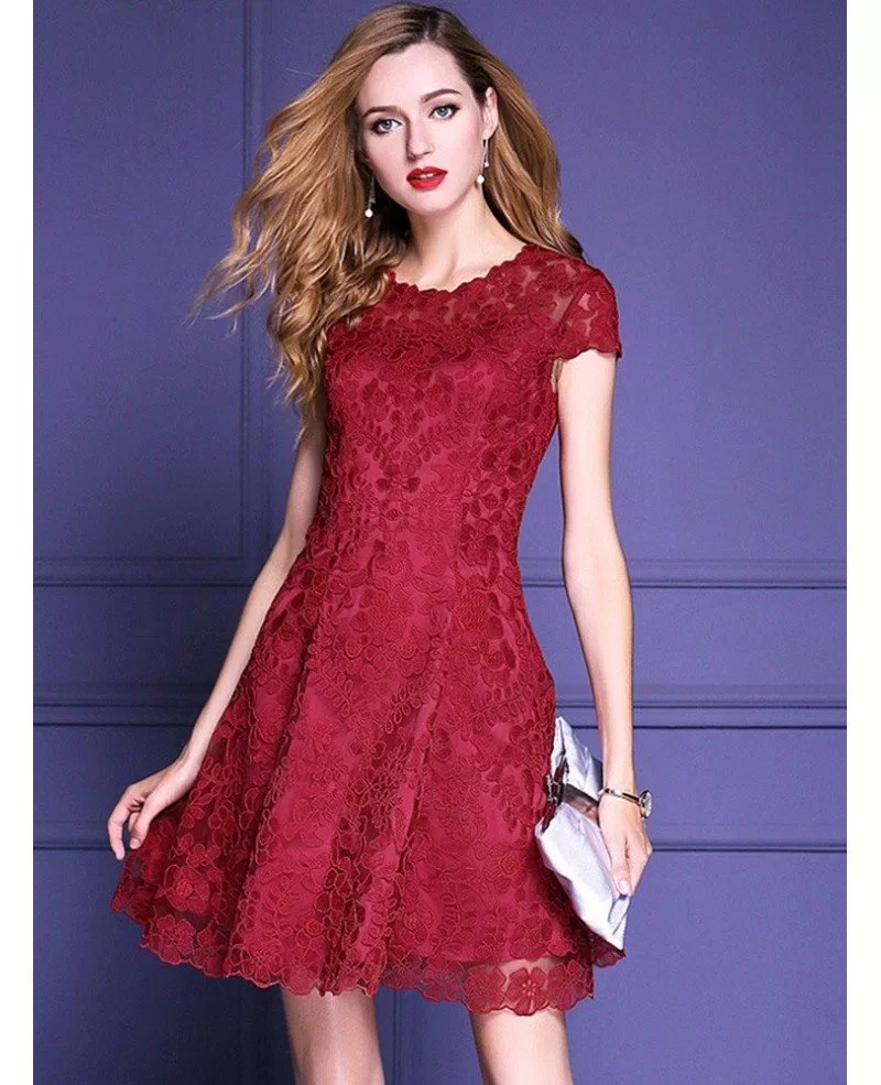 Burgundy A Line High-end Lace Party Wedding Guest Dress With Sleeves # ...