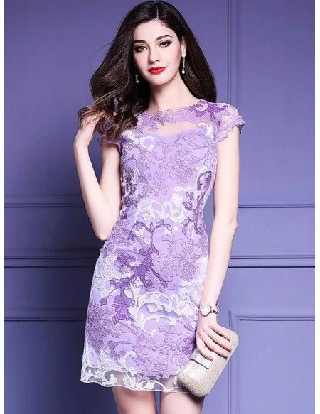 High Quality Purple Embroidery Bodycon Dress For Wedding Guests