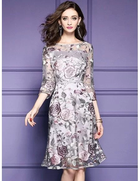 Grey Embroidery Knee Length Floral Party Dress Wedding Guests #ZL8094 ...