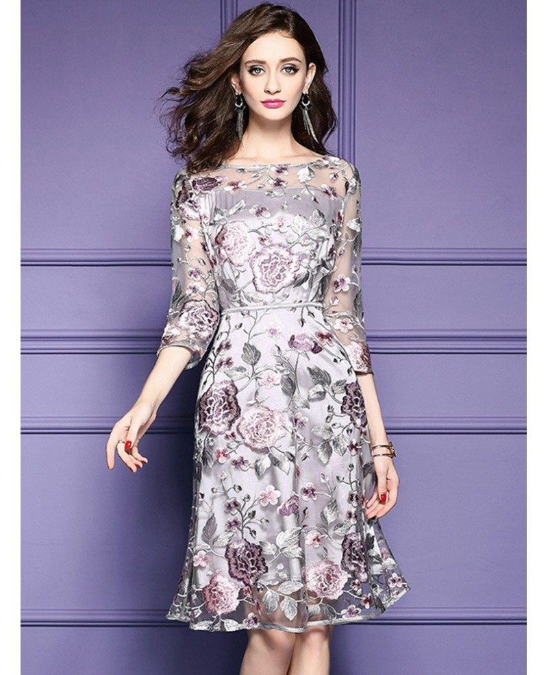 Grey Embroidery Knee Length Floral Party Dress Wedding Guests ZL8094 GemGrace