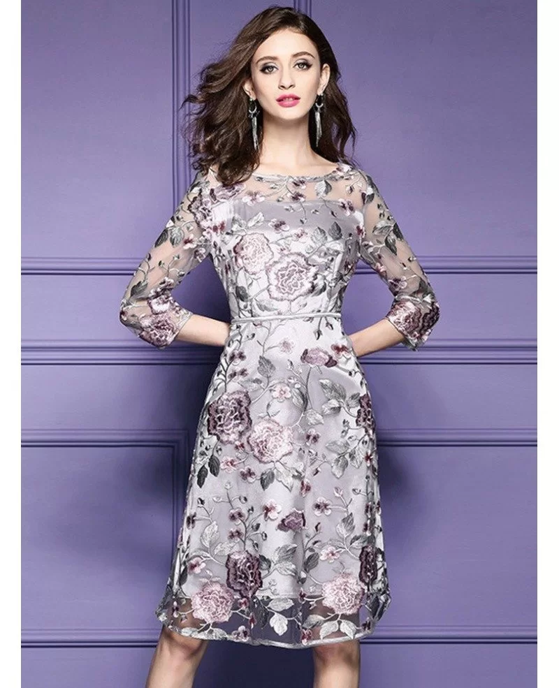Grey Embroidery Knee Length Floral Party Dress Wedding Guests #ZL8094 ...