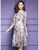 Grey Embroidery Knee Length Floral Party Dress Wedding Guests
