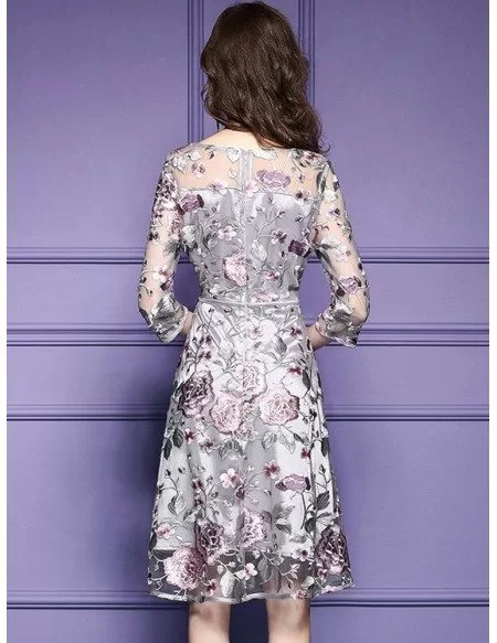 Grey Embroidery Knee Length Floral Party Dress Wedding Guests