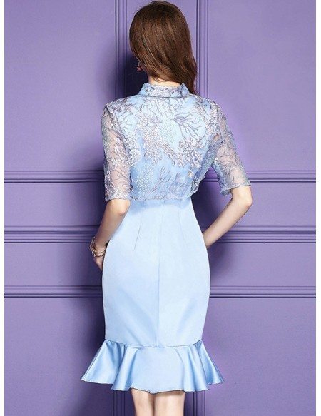 Blue Fit And Flare Knee Length Dress For Weddings With Jacket