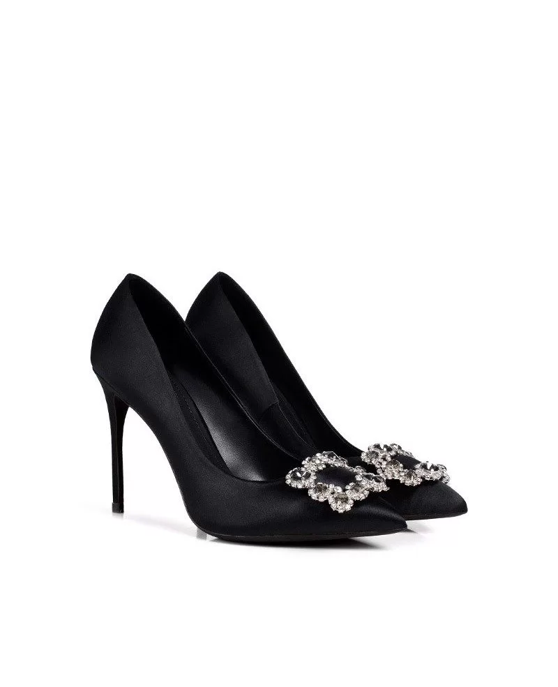 Elegant Black Satin Wedding Shoes High Heels With Crystal Buckle #MSL ...