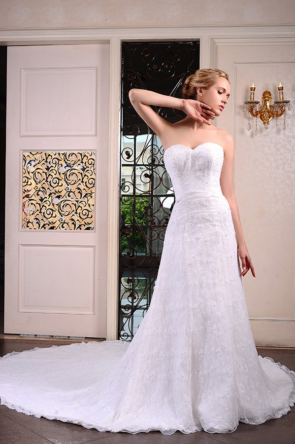 A-Line Sweetheart Cathedral Train Lace Wedding Dress With A-Line Sweetheart Cathedral Train Lace Wedding Dress With