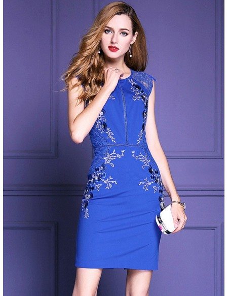 Royal Blue Embroidered Cocktail Dress Wedding Parties #ZL8101